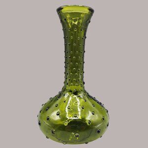 Vintage Green Hobnail Glass Bud Vase Italian Decanter Bubbles 7.5" Tall